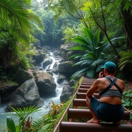 A beautifully rendered close-up of an ancient, weathered stone carving or artifact, partially overgrown with delicate, slender jungle vines and small, vibrant, deep violet flowers. The carving depicts abstract, intricate jungle motifs or stylized mythical jungle creatures (no humanoids, no recognizable real animals). Focus on the rich textures of the weathered stone, soft moss, and delicate plant tendrils. The lighting is soft, directional, and evokes a golden hour or twilight setting, highlighting the intricate details and casting subtle shadows. Style: archaeological illustration meets nature photography, rich textures, evocative lighting, mysterious.